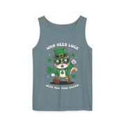 St. Patrick's Day Cat Tank Top – 'Who Needs Luck' Unisex Garment-Dyed Tee