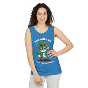 St. Patrick's Day Cat Tank Top – 'Who Needs Luck' Unisex Garment-Dyed Tee
