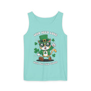 St. Patrick's Day Cat Tank Top – 'Who Needs Luck' Unisex Garment-Dyed Tee