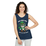 St. Patrick's Day Cat Tank Top – 'Who Needs Luck' Unisex Garment-Dyed Tee