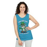 St. Patrick's Day Cat Tank Top – 'Who Needs Luck' Unisex Garment-Dyed Tee
