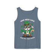St. Patrick's Day Cat Tank Top – 'Who Needs Luck' Unisex Garment-Dyed Tee