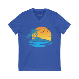Tropical Sunset V-Neck Tee - Beach Vibes Shirt, Casual Summer Top, Vacation Wear, Graphic Tee, Unisex Style