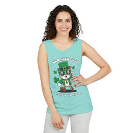 St. Patrick's Day Cat Tank Top – 'Who Needs Luck' Unisex Garment-Dyed Tee