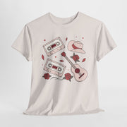 Retro Music Vibe Unisex Heavy Cotton Tee with Cassette and Guitar Design