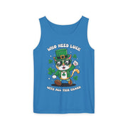 St. Patrick's Day Cat Tank Top – 'Who Needs Luck' Unisex Garment-Dyed Tee
