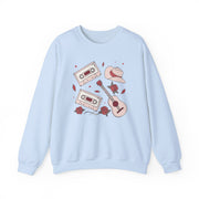 Retro Music Vibes Crewneck Sweatshirt - Cassette Tapes & Guitar Design