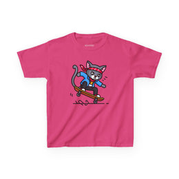 Skateboarding Cat Kids Tee - Fun Heavy Cotton T-Shirt for Young Adventurers