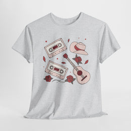 Retro Music Vibe Unisex Heavy Cotton Tee with Cassette and Guitar Design