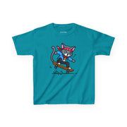 Skateboarding Cat Kids Tee - Fun Heavy Cotton T-Shirt for Young Adventurers