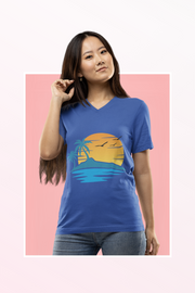 Tropical Sunset V-Neck Tee - Beach Vibes Shirt, Casual Summer Top, Vacation Wear, Graphic Tee, Unisex Style