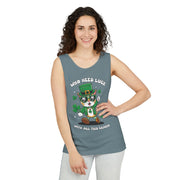 St. Patrick's Day Cat Tank Top – 'Who Needs Luck' Unisex Garment-Dyed Tee