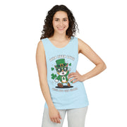 St. Patrick's Day Cat Tank Top – 'Who Needs Luck' Unisex Garment-Dyed Tee