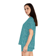 Cozy Teal Women's Short Pajama Set with Whimsical Pattern