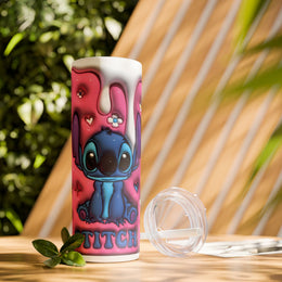 Cute Stitch Character Skinny Tumbler with Straw - 20oz Floral Design
