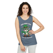 St. Patrick's Day Cat Tank Top – 'Who Needs Luck' Unisex Garment-Dyed Tee