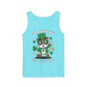 St. Patrick's Day Cat Tank Top – 'Who Needs Luck' Unisex Garment-Dyed Tee