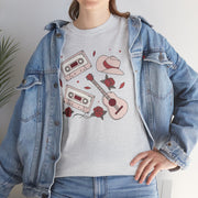 Retro Music Vibe Unisex Heavy Cotton Tee with Cassette and Guitar Design