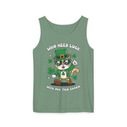 Who Needs Luck? Cat St. Patrick's Day Tank Top - Unisex Garment-Dyed T-Shirt