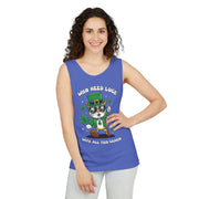 St. Patrick's Day Cat Tank Top – 'Who Needs Luck' Unisex Garment-Dyed Tee