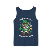 St. Patrick's Day Cat Tank Top – 'Who Needs Luck' Unisex Garment-Dyed Tee