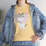 Cute Cat with Newspaper Unisex Heavy Cotton Tee - Fun and Cozy for Cat Lovers