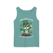 Who Needs Luck? Cat St. Patrick's Day Tank Top - Unisex Garment-Dyed T-Shirt