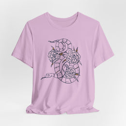 Unisex Short Sleeve Tee with Snake and Floral Design - Trendy Casual Wear