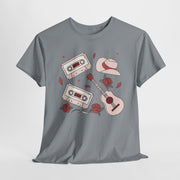 Retro Music Vibe Unisex Heavy Cotton Tee with Cassette and Guitar Design