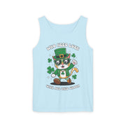St. Patrick's Day Cat Tank Top – 'Who Needs Luck' Unisex Garment-Dyed Tee