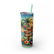 Tropical Beach Skinny Tumbler with Straw - 'Live Laugh Relax' - 20oz Insulated Drinkware