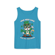 St. Patrick's Day Cat Tank Top – 'Who Needs Luck' Unisex Garment-Dyed Tee