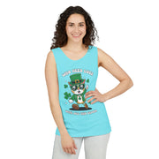 St. Patrick's Day Cat Tank Top – 'Who Needs Luck' Unisex Garment-Dyed Tee