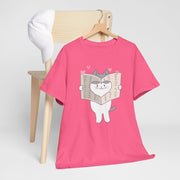 Cute Cat with Newspaper Unisex Heavy Cotton Tee - Fun and Cozy for Cat Lovers