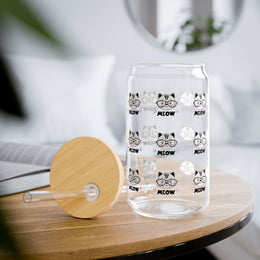 Cute Cat-Themed 16oz Sipper Glass with Bamboo Lid and Straw